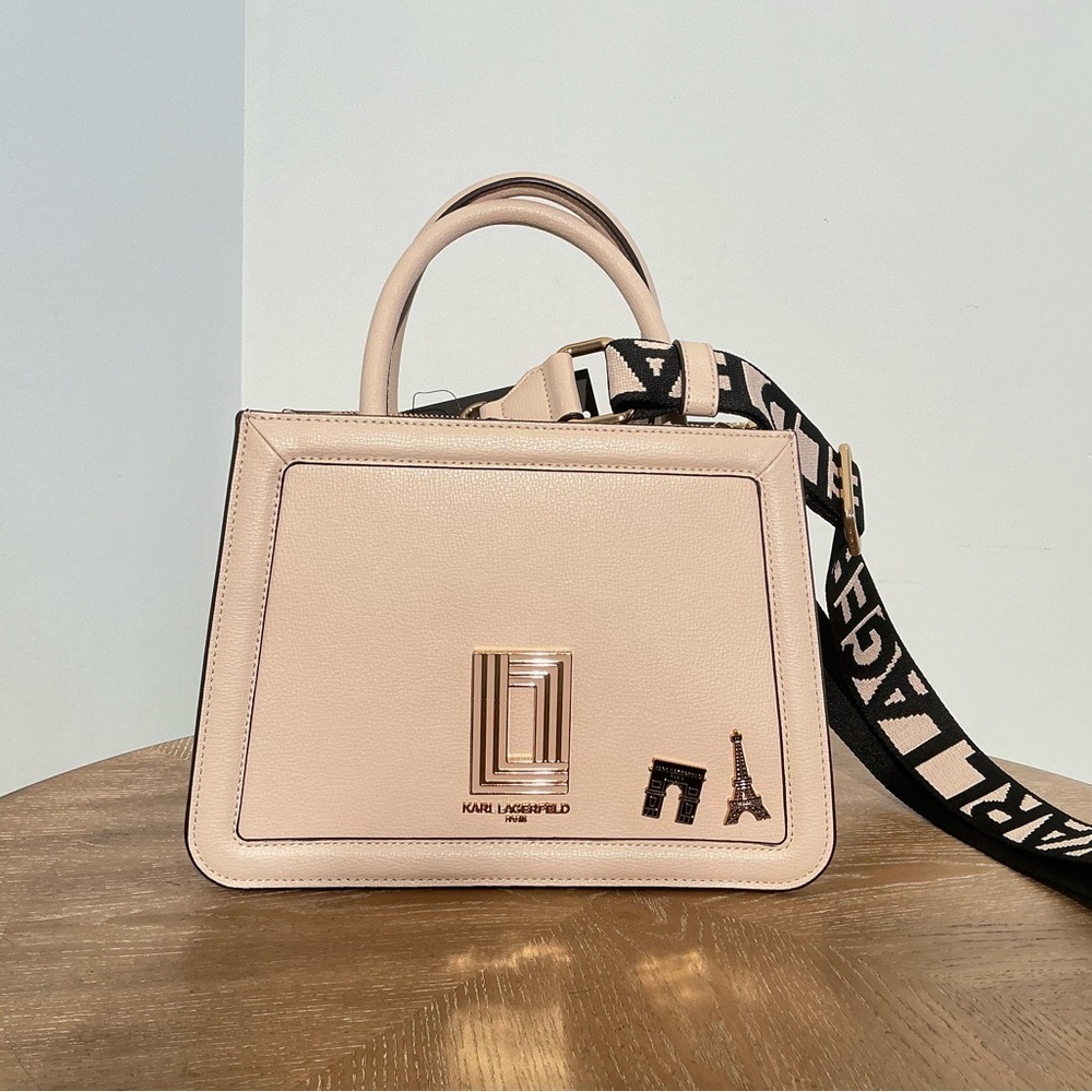 Karl Lagerfeld Paris Pink Structured Satchel Handbag with Logo Strap